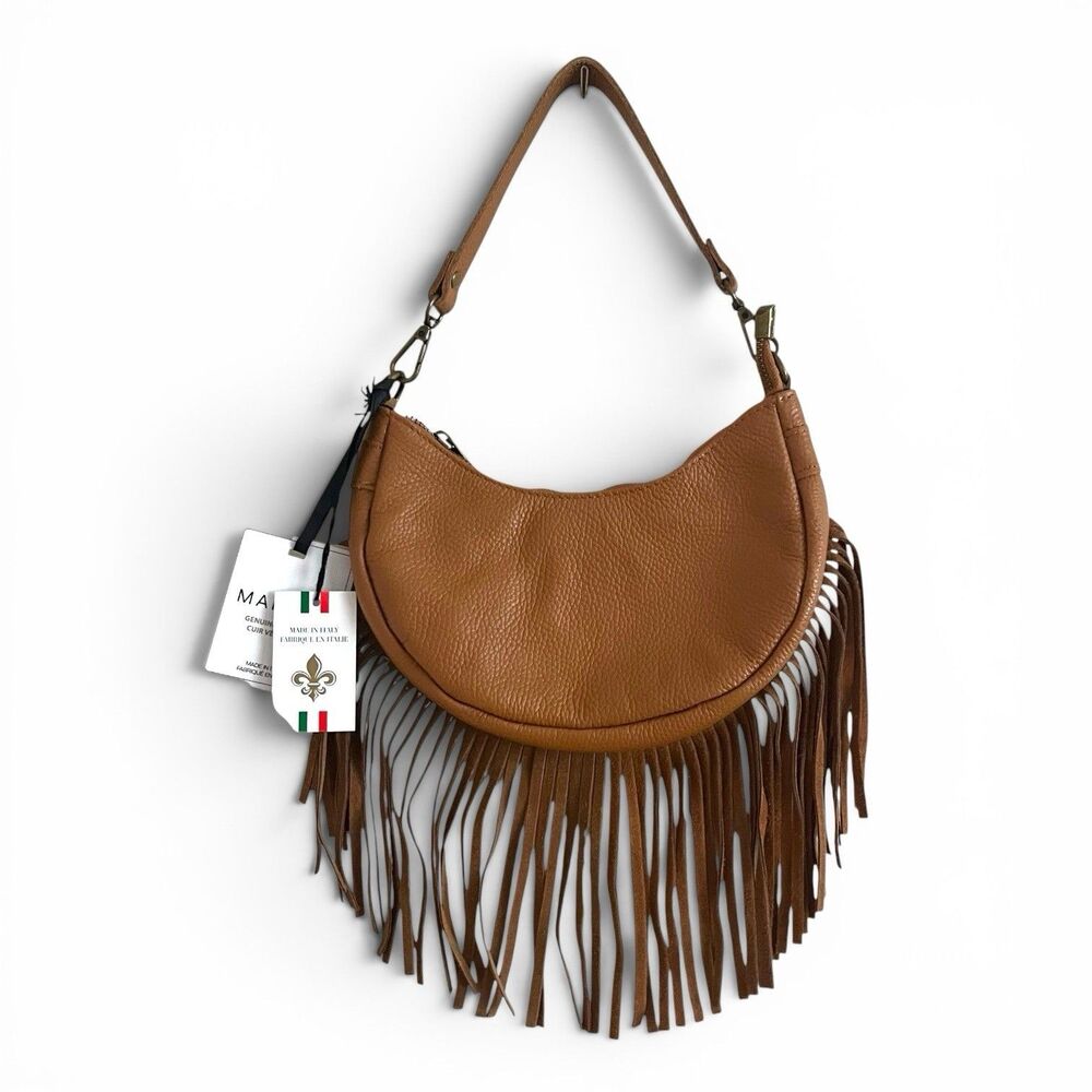 NWT Marlon Italy Leather Fringe Crescent Hobo Bag Brown Western Cowgirl Festival